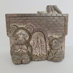 Vintage Teddy Bear Fireplace Coin Bank Silver Finish Made In Japan